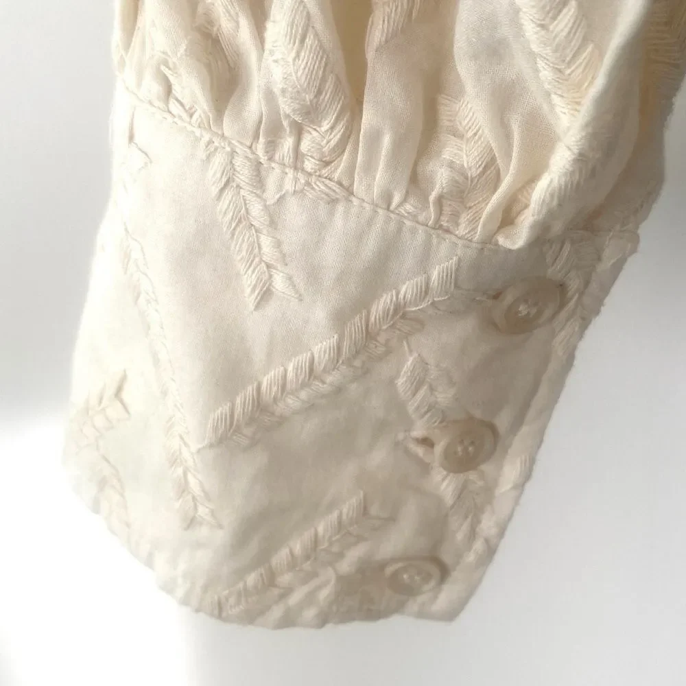 Odile Anthropologie Cream Embroidery Puff Sleeve Blouse Top Tie Waist Sz 3 / XL